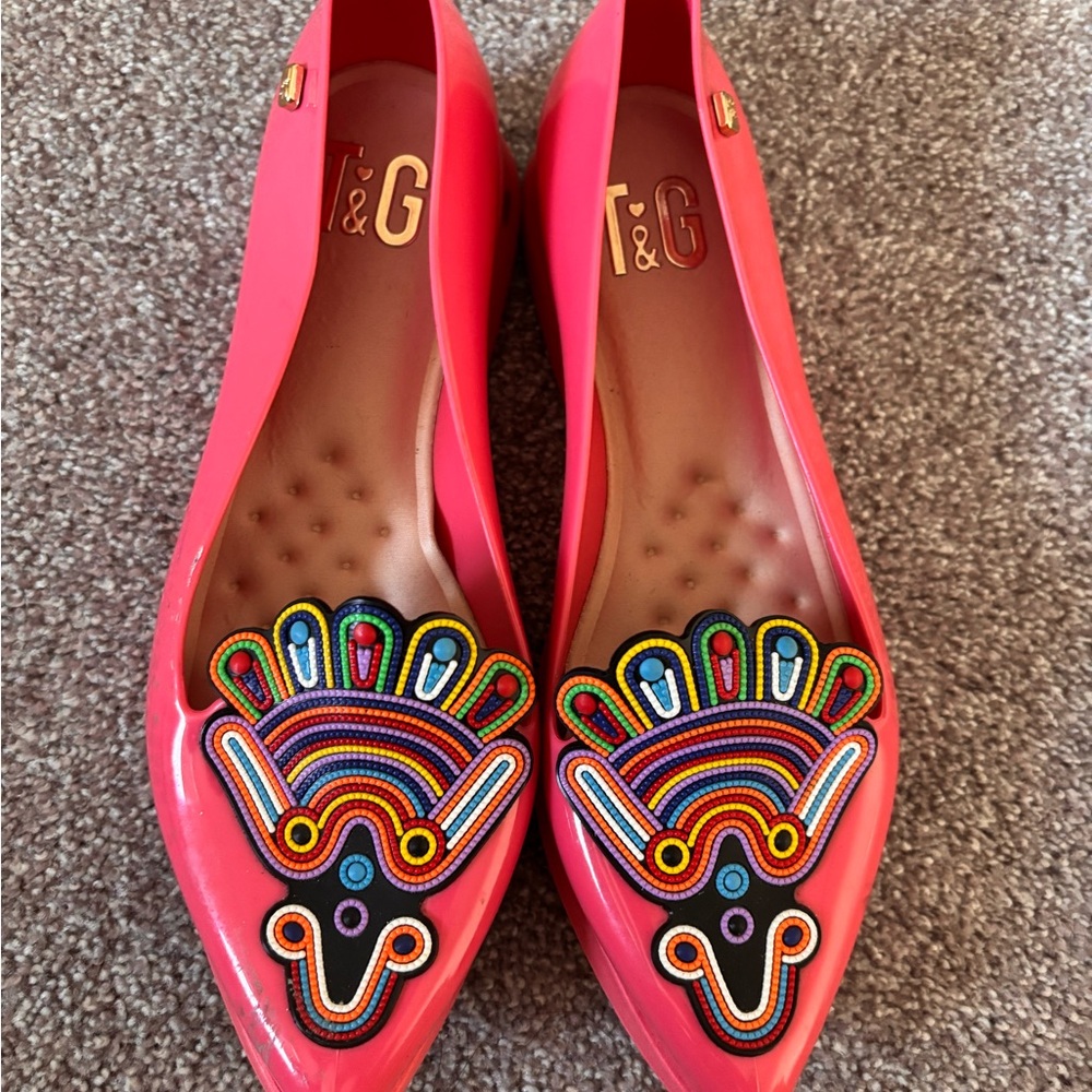 T&G Pink Embroidered Flats with Folk Art Design